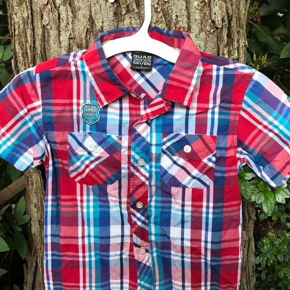 Quad Seven Boys Plaid Short Sleeves Button Up Down Shirt Red Blue Pockets Collar - Picture 4 of 10